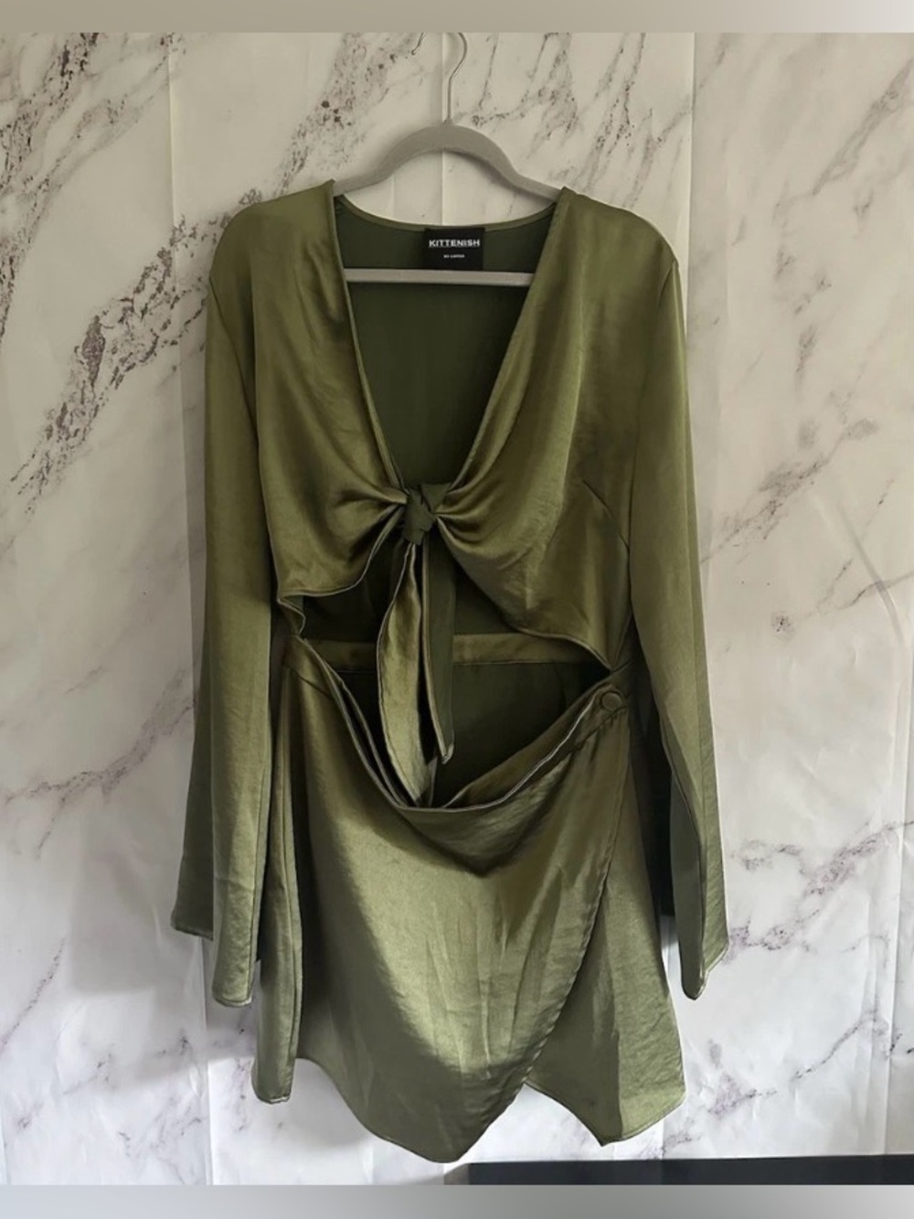 Olive Green Satin Tie-Front Women’s Dress